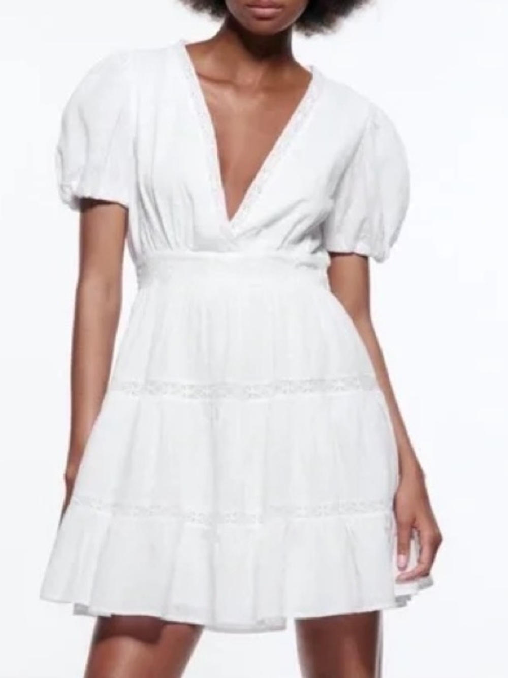 Zara Chic Puff Sleeve Embroidered Lace Trim Cotton MINI DRESS XS